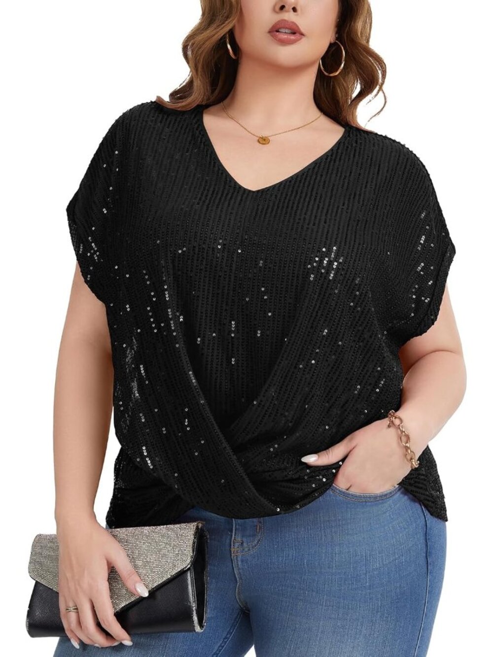 Women's Black Sequin Top Short Batwing Sleeve V Neck Shirts Elegant Blouses